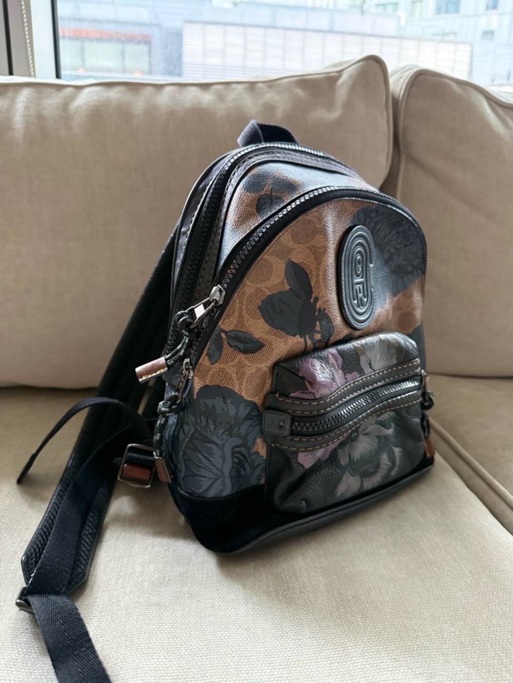 Coach Brown Floral Coated Canvas Mini Backpack with Black Accents - Picture 4 of 4